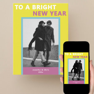 Modern New Year Photo Yellow & purple Holiday Card