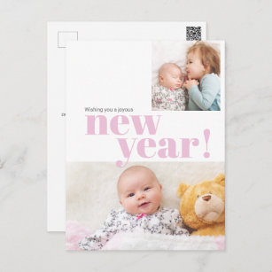 Modern New Year Pink Baby Girl Birth Photo Postcard