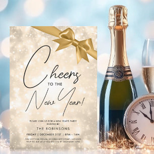 MODERN New Years Eve Gold Champagne Bokeh Gold Bow Invitation