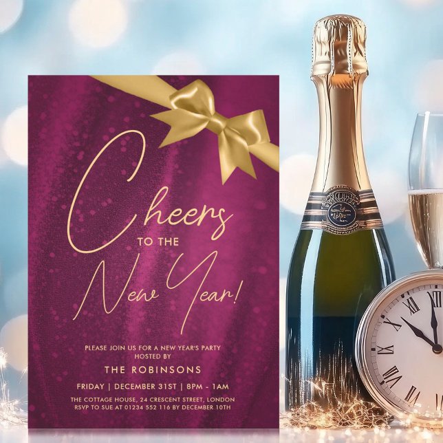 MODERN New Years Eve Gold Pink Sparkle Sequin Bow Invitation (MODERN New Years Eve Gold Pink Sparkle Sequin Bow Invitation)