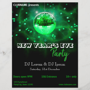 Modern New Year's Eve Green Disco Ball Party Flyer
