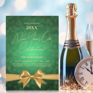 MODERN New Years Eve Party Green Bokeh Gold Bow Invitation