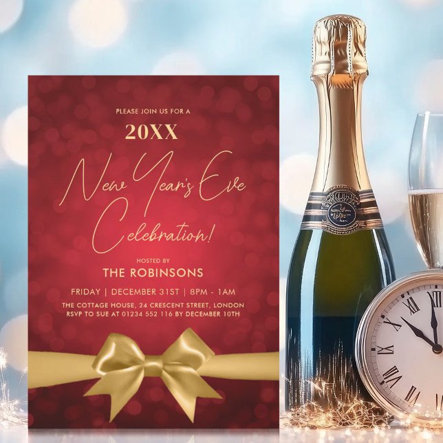 MODERN New Years Eve Party Red Bokeh Gold Bow Invitation (MODERN New Years Eve Party Red Bokeh Gold Bow Invitation)