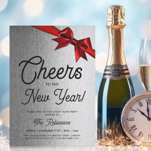 MODERN New Years Eve Party Silver Glam Red Bow Invitation