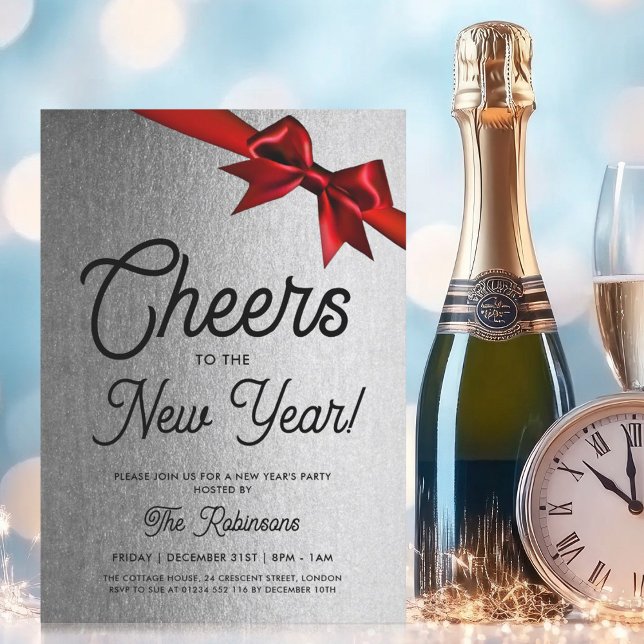 MODERN New Years Eve Party Silver Glam Red Bow Invitation (MODERN New Years Eve Party Silver Glam Red Bow Invitation)