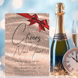 MODERN New Years Eve Rose Gold Champagne Bokeh Bow Invitation