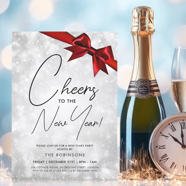 MODERN New Years Eve Silver Champagne Bokeh Bow Invitation (MODERN New Years Eve Silver Champagne Bokeh Bow Invitation)