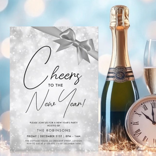MODERN New Years Eve Silver Champagne Bokeh Bow Invitation (MODERN New Years Eve Silver Champagne Bokeh Bow Invitation)
