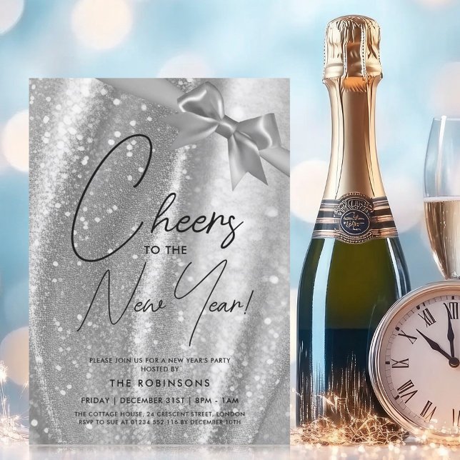 MODERN New Years Eve Silver Sparkle Sequin Bow Invitation (MODERN New Years Eve Silver Sparkle Sequin Bow Invitation)
