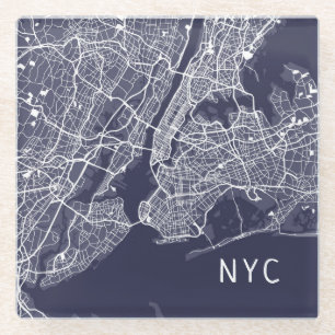 Modern New York City Map NYC Blue & White Glass Coaster