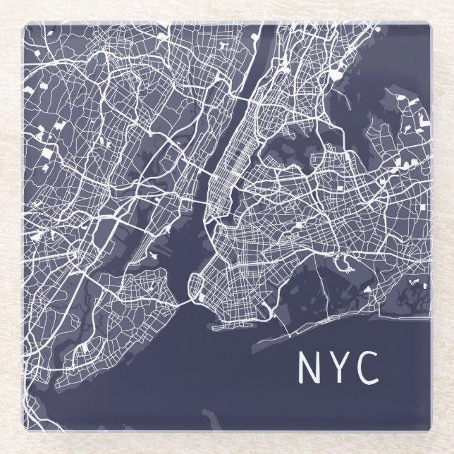 Modern New York City Map | NYC | Blue & White Glass Coaster (Front)