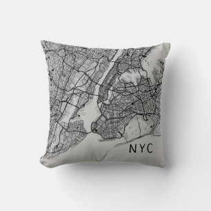 Modern New York City Map   NYC   Grey & Black Throw Pillow