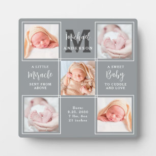 Modern Newborn Baby Personalized 5 Photo Collage Plaque
