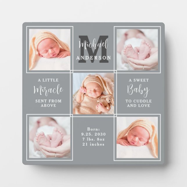 Modern Newborn Baby Personalized 5 Photo Collage Plaque (Front)