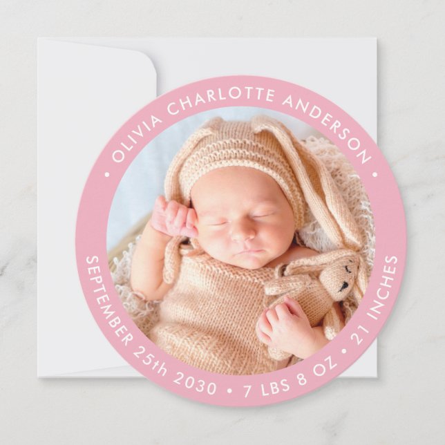 Modern Newborn Baby Personalized Photo Pink Birth Announcement (Front)
