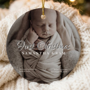 Modern Newborn Photo & Birth Stats First Christmas Ceramic Ornament