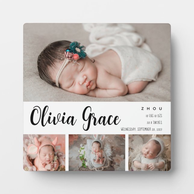 Modern Newborn Photo Birth Stats Tabletop  Plaque (Front)