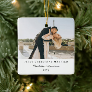 Modern Newly Weds 1st Christmas Photo Christmas Ceramic Ornament