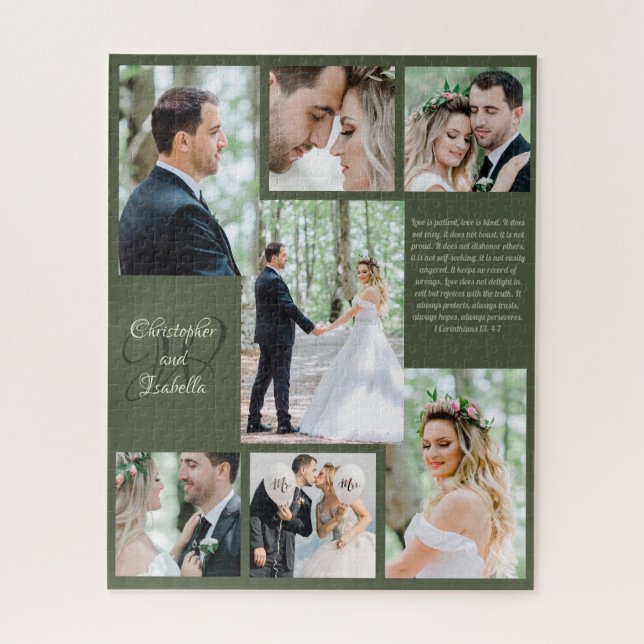 Modern Newlywed Photo Collage Names Monogram Text Jigsaw Puzzle (Vertical)