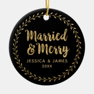 Modern Newlywed Photo Married and Merry Ceramic Ornament