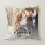 Modern Newlywed Wedding Photo Throw Pillow<br><div class="desc">After your marriage cherish your union with this modern wedding photo pillow for your home. Simple elegant script in black with Mr. & Mrs.,  last name and first names between hearts. This lovely keepsake makes a wonderful gift for the newlyweds or the newly wed bride for their home together.</div>