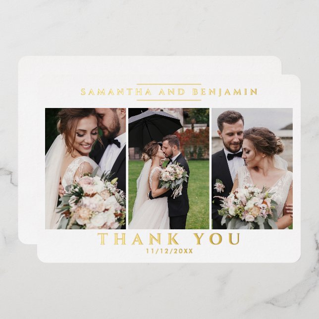 Modern Newlyweds 3 Photo Wedding Thank You (Front/Back)