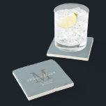 Modern Newlyweds Established Dusty Blue Monogram Stone Coaster<br><div class="desc">Give a perfect keepsake with this Modern Newlyweds Established Dusty Blue Monogram Stone Coaster. It is a modern customizable design in dusty blue, white and light grey. Bride and groom's first names are on the centre in modern white handwriting script lettering and initial of new last name is in grey....</div>