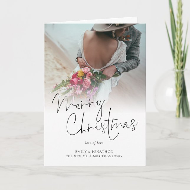 Modern Newlyweds Merry Christmas Photo Folded Card (Front)
