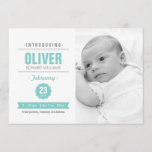 Modern News Mint Baby Birth Photo Announcement<br><div class="desc">Customize this Stylish Modern Custom Photo Baby Birth Announcement, designed as a modern newspaper design announcement. Insert your own information and your favourite photo of your little baby. Clean, fresh and light design with lots of white in combination with mint blue and grey text. Neutral, perfect for a vertical image...</div>