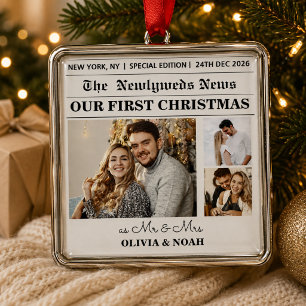 Modern Newspaper Newlyweds First Married Metal Ornament
