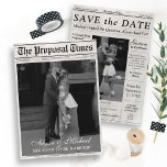 Modern Newspaper Photo The Proposal Times Trendy Save The Date<br><div class="desc">This modern & trendy "The Proposal Times" unique newspaper style wedding save the date double-sided 2 photo card features two black and white engagement photos, "create your own" script headlines and sub-headlines, proposal story and wedding date announcement in editorial column theme. Designed to match the "The Newlywed Times - Cheers...</div>