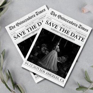 Modern newspaper quinceañera photo save the date  invitation