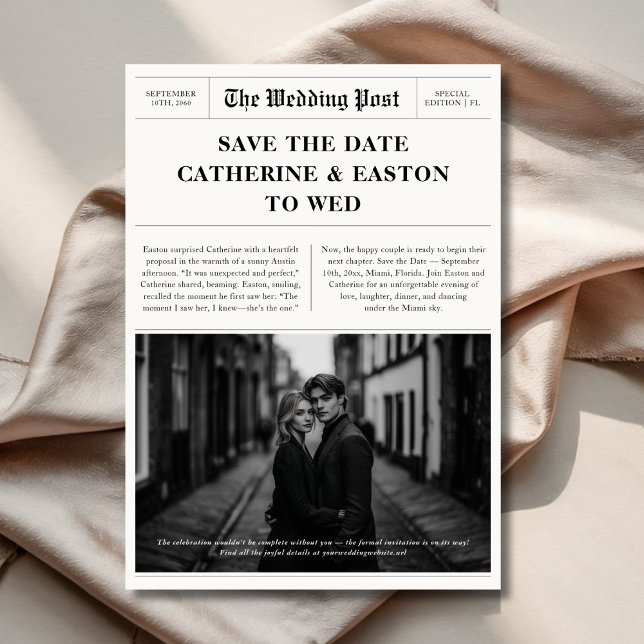 Modern Newspaper Save the Date Card for Wedding (Creator Uploaded)