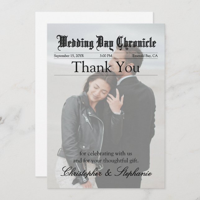 Modern Newspaper Wedding One Photo Elegant Script Thank You Card (Front/Back)