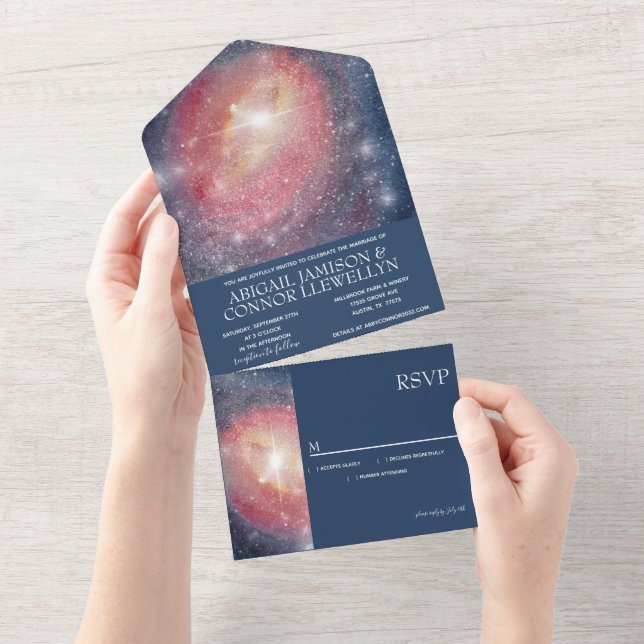 Modern Night Sky Galaxy Blue Purple Red All In One Invitation (Tearaway)