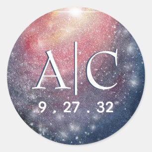Modern Night Sky Galaxy Blue Purple Red Initials Classic Round Sticker