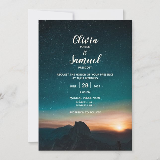 Modern Night Sky Mountain Galaxy Sunrise  Wedding Invitation (Front)