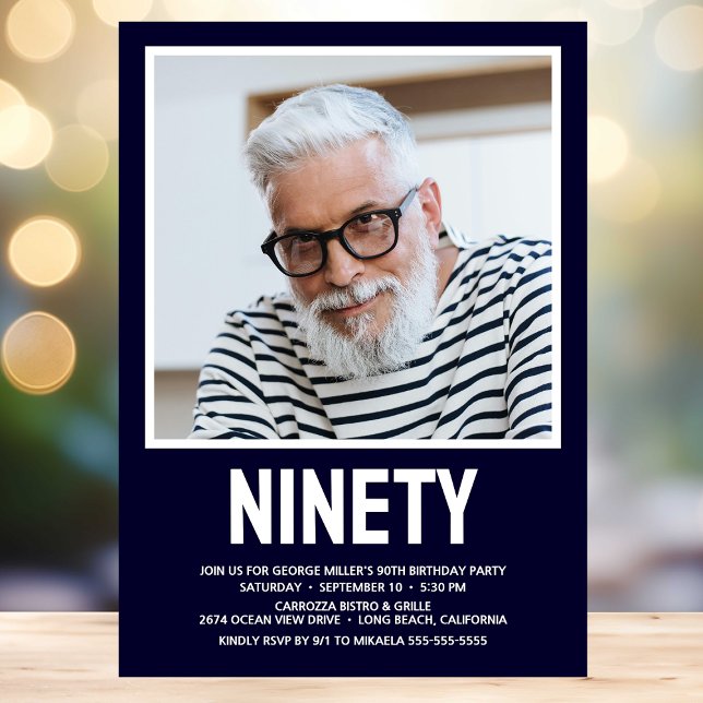 Modern NINETY Photo 90th Birthday Party Invitation (Creator Uploaded)