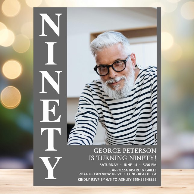 Modern NINETY Photo 90th Birthday Party Invitation (Creator Uploaded)