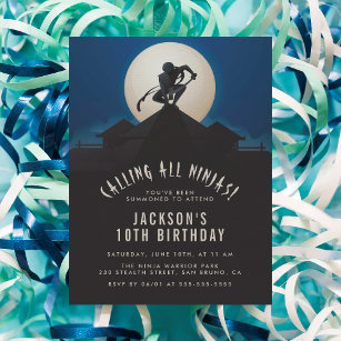 Modern Ninja on Roof Top Silhouette Birthday Party Invitation Postcard