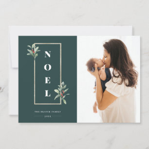 Modern NOEL Gold Winter Berry Frame Photo Holiday Card