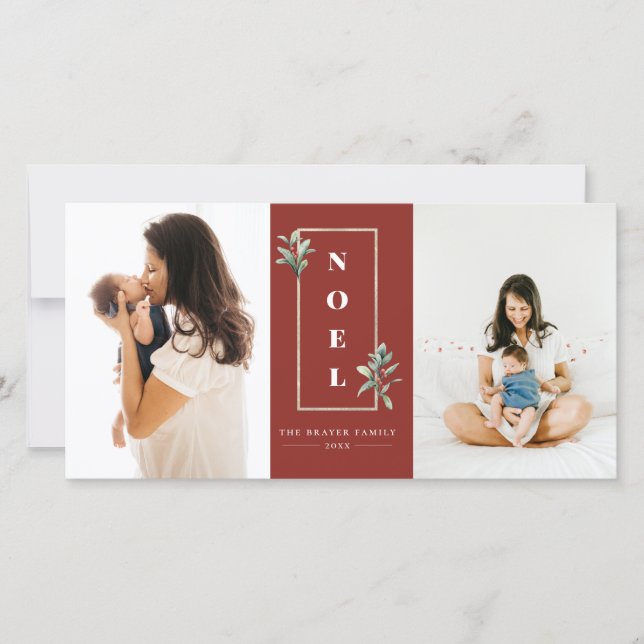 Modern NOEL Gold Winter Berry Frame Photo Red Holiday Card (Front)