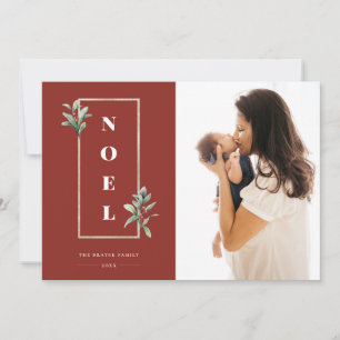 Modern NOEL Gold Winter Berry Frame Photo Red Holiday Card