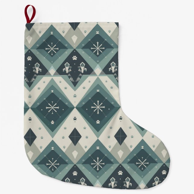Modern Nordic Geometric Pet Stocking with Snow (Front)