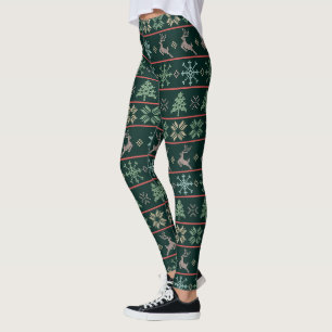 Modern Nordic Knit Pattern Fun Ugly Sweater Green Leggings