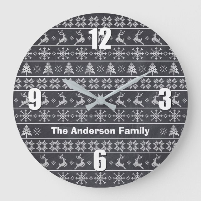 Modern Nordic Knit Ugly Sweater Chalkboard Name Large Clock (Front)