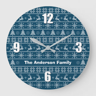 Modern Nordic Knit Ugly Sweater Navy White Name Large Clock