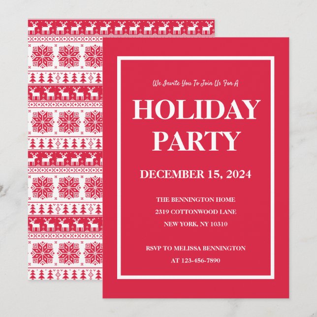 Modern Nordic Red and White Pattern Holiday Party Invitation (Front/Back)