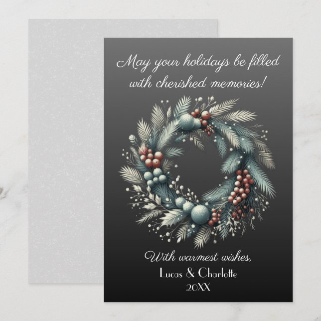 Modern Nordic Style Wreath, Against Grey Backdrop Holiday Card (Front/Back)