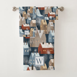 Modern Nordic Winter Town Whimsical Cozy Houses Ba Bath Towel Set